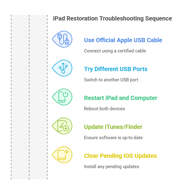 Chart showing the initial troubleshooting steps to fix the iPad restore issue