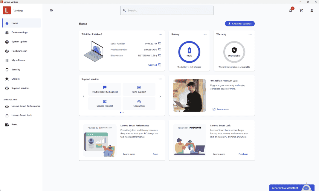 Lenovo Vantage screenshot