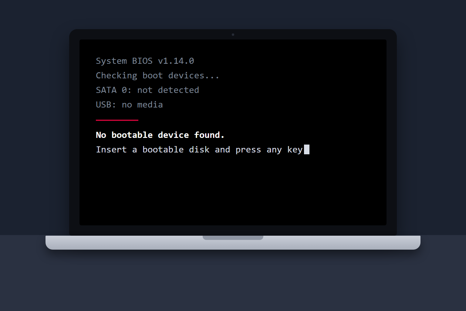 Laptop screen showing a black BIOS screen with the error message No bootable device found